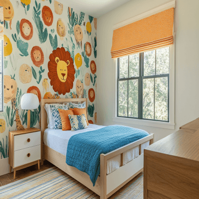 Modern Kids Bedroom Design With Lion Themed Wallpaper