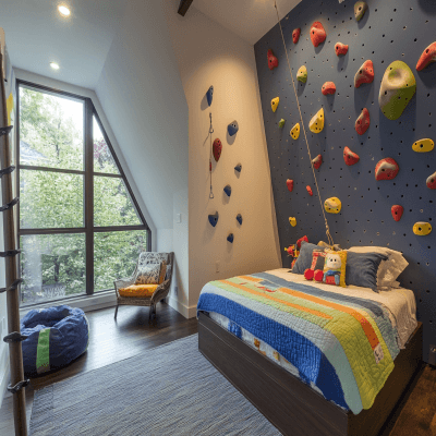 Modern Kids Bedroom Design With Rock Climbing Wall