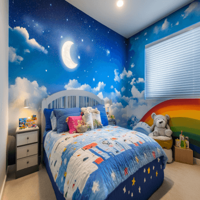 Modern Kids Bedroom Design With Sky Themed Wallpaper