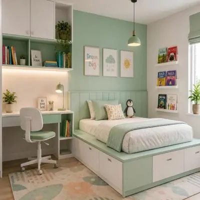 Modern Kids Bedroom Design with Storage Platform Bed and Pastel Colors