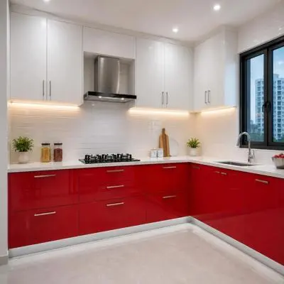 Modern L Shape Kitchen Design with Cardinal Red Base Unit