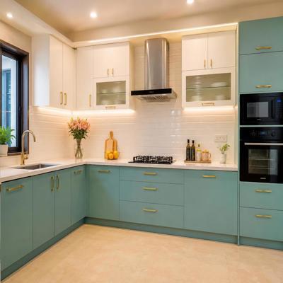 Modern L Shape Modular Kitchen Design With Aqua Green And Frosty White Cabinets