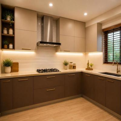 Modern L Shaped Brown And Cappuccino Toned Modular Kitchen Design