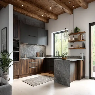 Modern L-Shaped Kitchen Design in Dark Wood and Slate Finish