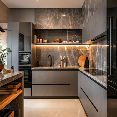 Modern L-Shaped Kitchen Design in Grey and Cream Marble