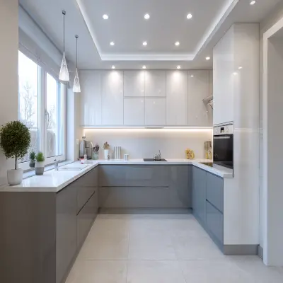 Modern L-Shaped Kitchen Design in White and Silver Frost