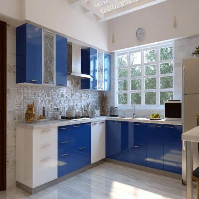 Modern L-Shaped Kitchen Design with Blue and White Finish