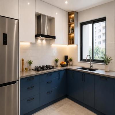 Modern L Shaped Kitchen Design With Blue And White Storage Units