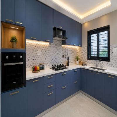 Modern L Shaped Kitchen Design With Blue Cabinets And Diamond Patterned Dado Tiles