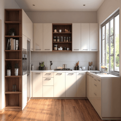 Modern L-Shaped Kitchen Design with Cream and Acacia Suede Finish