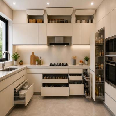 Modern L Shaped Kitchen Design With Drawer And Loft Storage