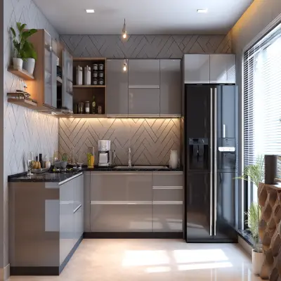 Modern L-Shaped Kitchen Design With Herringbone Backsplash and Glossy Finish