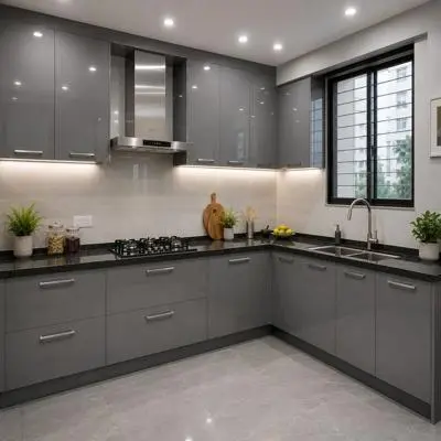 Modern L Shaped Kitchen Design with High Gloss Grey Cabinets and Granite Top