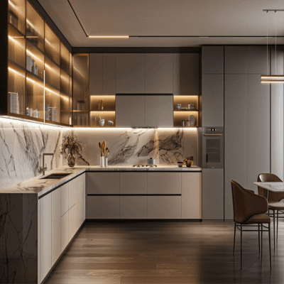 Modern L-Shaped Kitchen Design with Marble Backsplash and Glass Cabinets