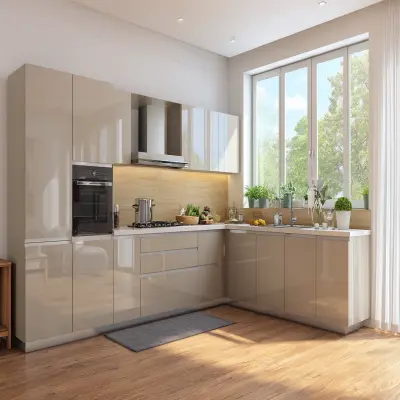 Modern L-Shaped Kitchen Design With Modern Glossy Cabinets