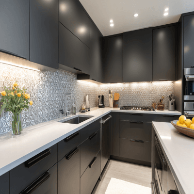 Modern L-Shaped Kitchen Design With Patterned Backsplash and Quartz Countertop