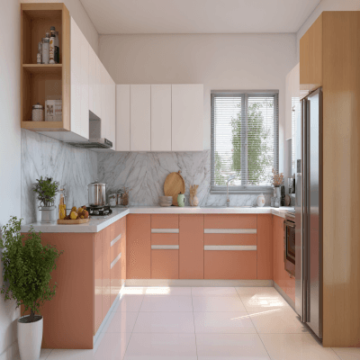 Modern L-Shaped Kitchen Design with Peach Brown and White Finish