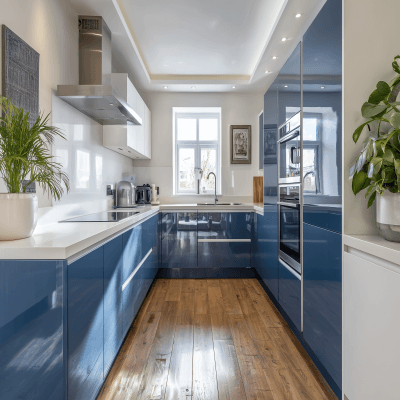 Modern L-Shaped Kitchen Design with Quartz Counters and Integrated Appliance Unit