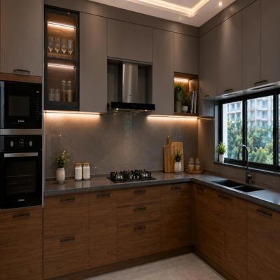 Modern L Shaped Modular Kitchen Design In Brown And Grey