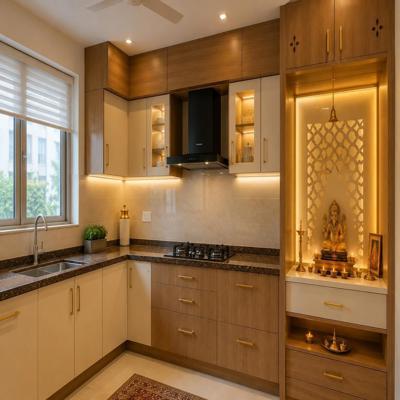 Modern L Shaped Modular Kitchen Design With Integrated Pooja Unit