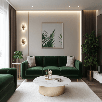 Modern Living Room Design with Green Velvet Sofa and Marble Table
