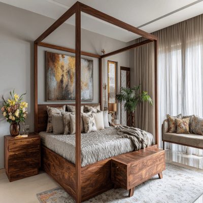 Modern Master Bedroom Design with a Wooden Four-Poster Bed