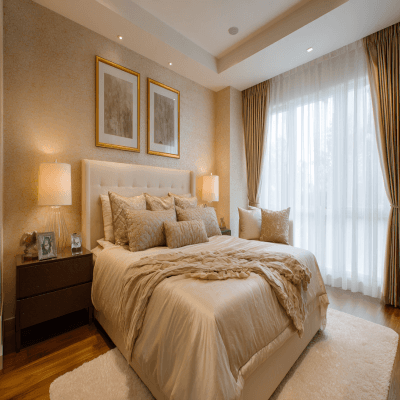 Modern Master Bedroom Design With Beige Textured Wall Paint