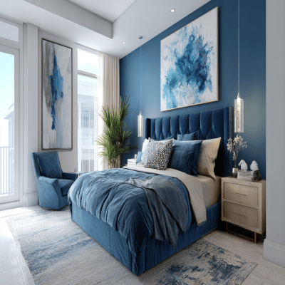 Modern Master Bedroom Design With Blue Accent Wall