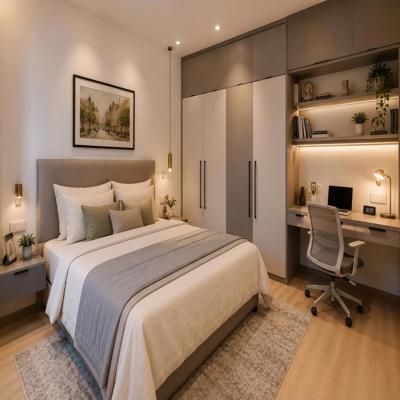 Modern Master Bedroom Design With Double Bed Study and Wardrobe
