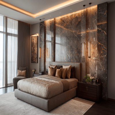 Modern Master Bedroom Design With Elegant Marble Wall Tile