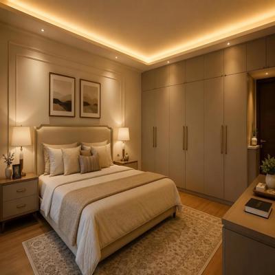 Modern Master Bedroom Design With False Ceiling And Beige Wardrobe