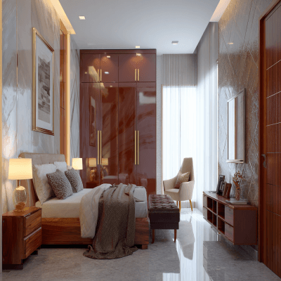 Modern Master Bedroom Design With Glossy Brown Wardrobe Design