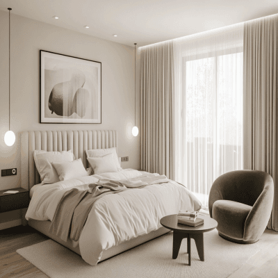 Modern Master Bedroom Design with Green Accent Chair and Round Table