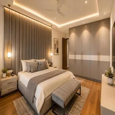 Modern Master Bedroom Design With Grey Fabricated Headboard King Bed