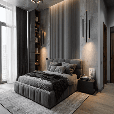 Modern Master Bedroom Design With Grey Fluted Wall Panel