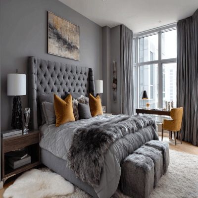 Modern Master Bedroom Design With Grey Upholstered Bed