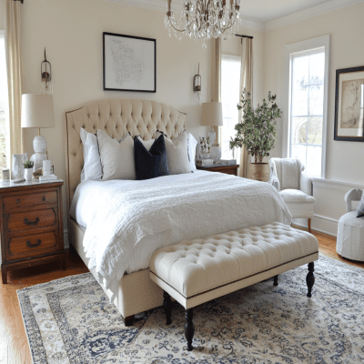 Modern Master Bedroom Design with King Bed and Upholstered Bench