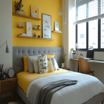 Modern Master Bedroom Design with Light Grey Bed and Yellow Wall Accent