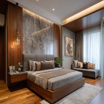 Modern Master Bedroom Design With Marble And Wooden Wall Design