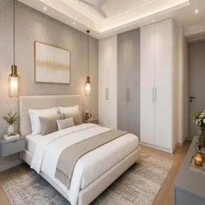 Modern Master Bedroom Design With Queen Bed and Pendant Lights