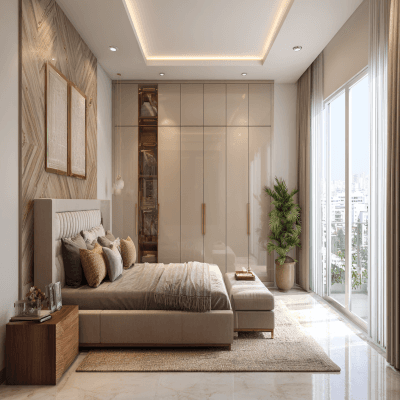 Modern Master Bedroom Design With Tall Beige Storage Unit
