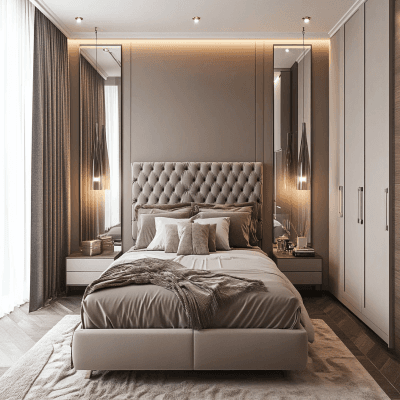 Modern Master Bedroom Design with Tufted Bed and Swing Wardrobe