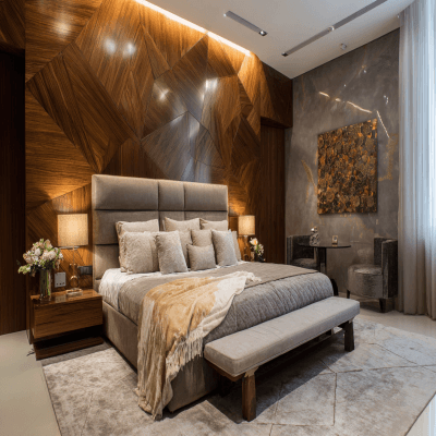 Modern Master Bedroom Design with Upholstered Wooden Wall Panel