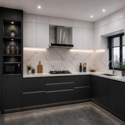 Modern Modular Gothic Grey And Frosty White L Shaped Kitchen Design With Quartz Cabinets