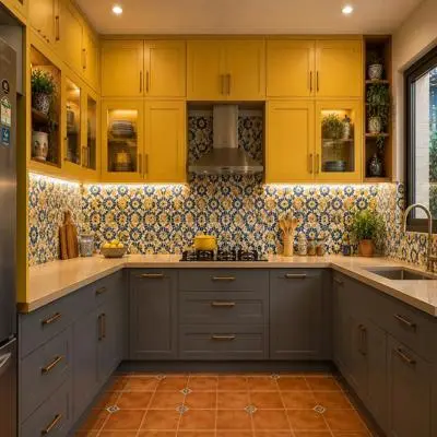 Modern Modular Grey And Yellow Kitchen Design With Moroccan Backsplash