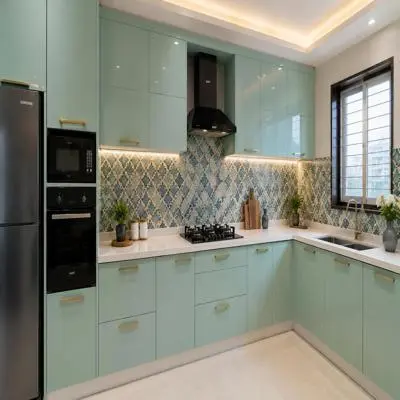 Modern Modular L Shape Kitchen Design With Aqua Green Cabinets And Moroccan Dado Tiles