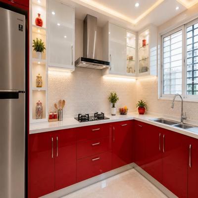 Modern Modular L Shaped Kitchen Design With Glossy Carnival Red And Frosty White Cabinets