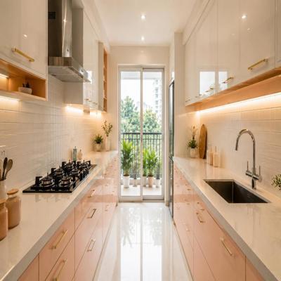 Modern Modular Parallel Kitchen Design With Peach Toned And White Cabinets
