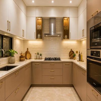 Modern Modular U Shaped Kitchen Design With Cappuccino And White Cabinets