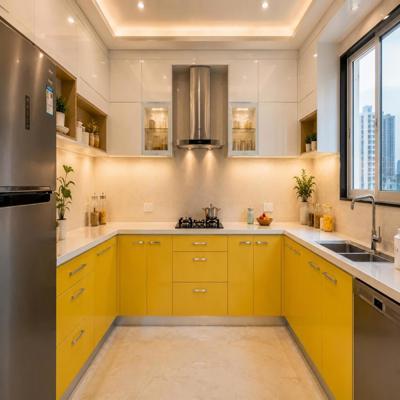 Modern Modular U Shaped Kitchen Design With Yellow And White Kitchen Cabinets